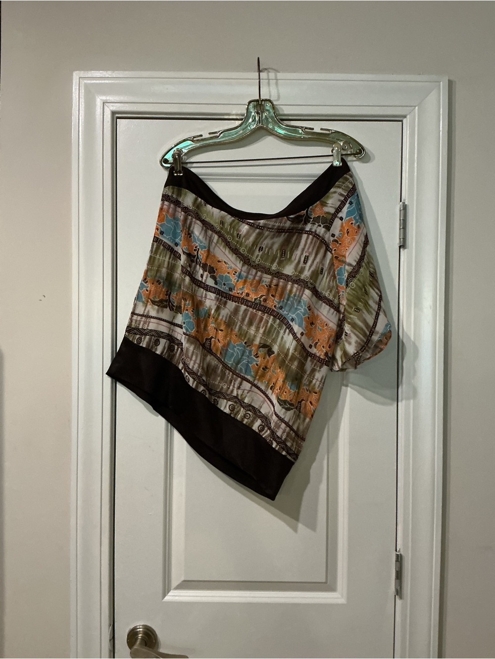 Ellen Tracy Multicolor One-Shoulder Tunic with Brown Trim